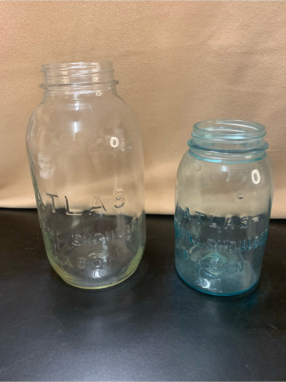 Embossed Atlas Glass Jars - Clear and Aqua - Set of 2. Inv 911